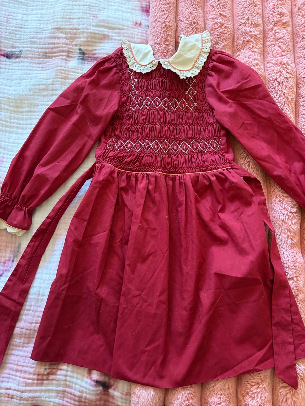 Vintage 80s Peter Pan Dress Girls Long-Sleeve Smocked Dress Peter Pan Collar